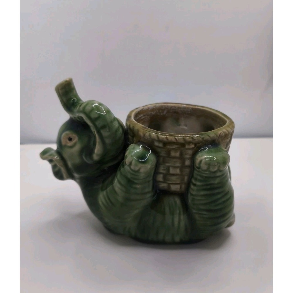 Vintage Elephant Planter Green Glazed Ceramic Basket Pot Succulent Plant Holder